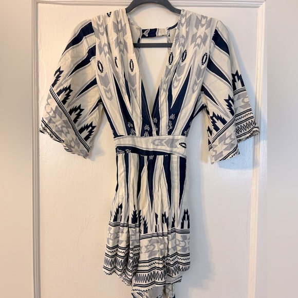 Cream and Navy Patterned Boutique Romper - Picture 1 of 5